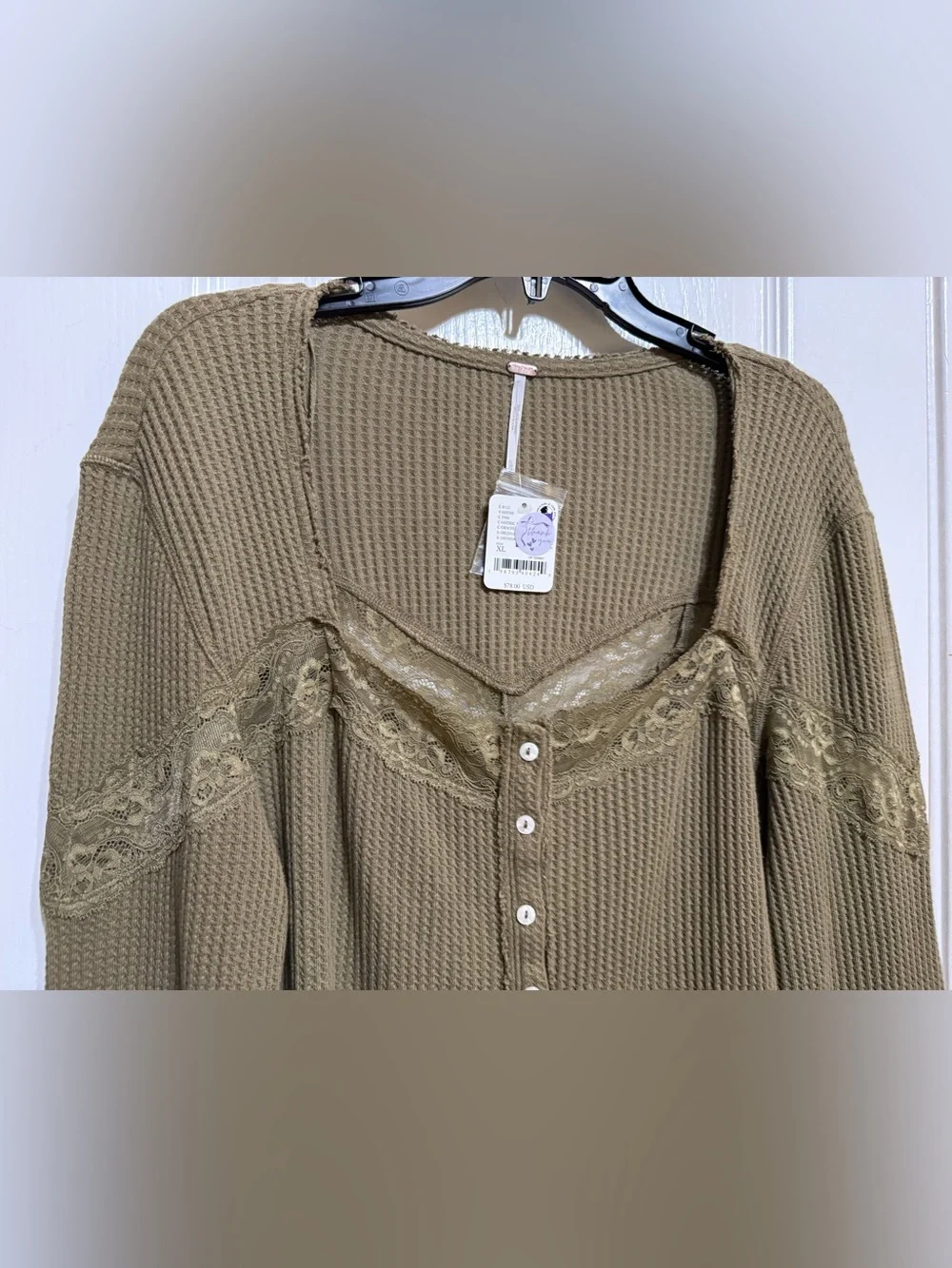 H215 NWT Free People XL pp18-24 Olive Green Lace-Trim Button-Up Waffle Knit Top - Picture 5 of 10